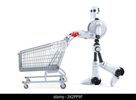 Robot walking with shopping cart. Isolated. Contains clipping path Stock Photo