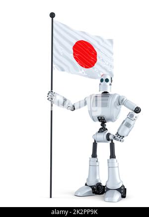 Android Robot standing with flag of Japan. Isolated. Contains clipping path Stock Photo