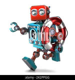 Vintage robot run with lifebuoy. Isolated. Contains clipping path Stock Photo