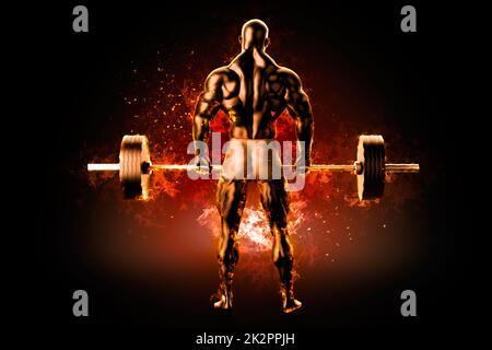 Flaming athlete with a barbell. View from the back Stock Photo