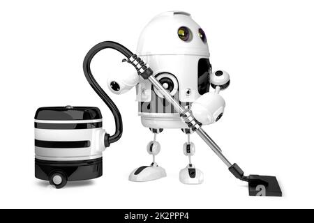 Cute Robot with vacuum cleaner. Isolated. 3D illustration. Contains clipping path Stock Photo