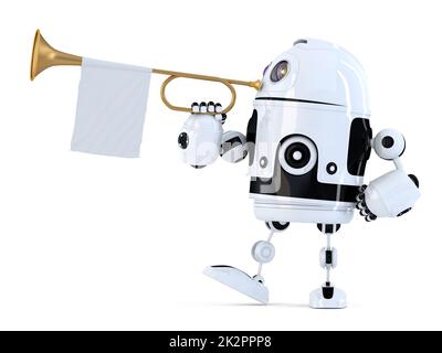 Robot holds trumpet with blank white flag. 3D illustration. Isolated. Contains clipping path Stock Photo