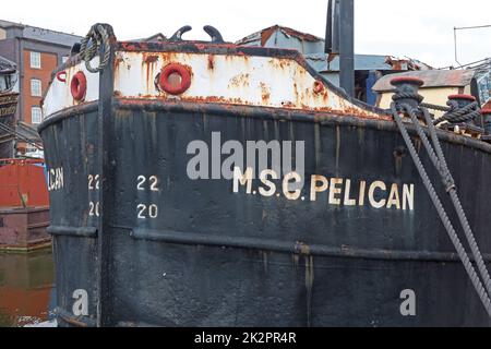 MSC Pelican Manchester barge, 1956 ex-Manchester ship canal crane boat, Used for stores and bouy tender, withdrawn 1980 Stock Photo