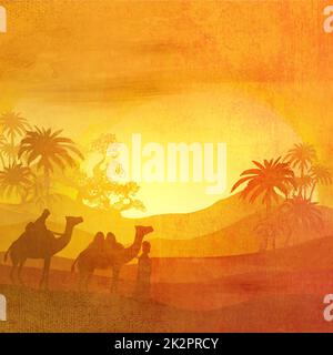 Bedouin camel caravan in wild africa landscape - artistic grunge illustration Stock Photo