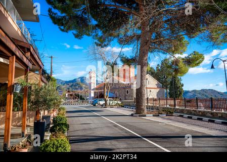 Street in the charming village of Agros. Limassol District, Cyprus Stock Photo