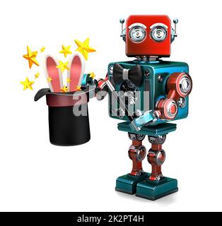 Vintage Robot showing tricks with magic hat. 3D illustration. Isolated. Contains clipping path Stock Photo