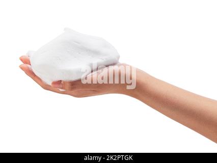 Female hand with soap bubbles on white background. Stock Photo