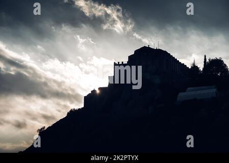 Silhouette of Stavrovouni Monastery onthe hill. Larnaca District, Cyprus Stock Photo