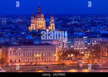 Overview of Budapest with St. Stephen (St. Istvan) Basilica at night. Hungary Stock Photo