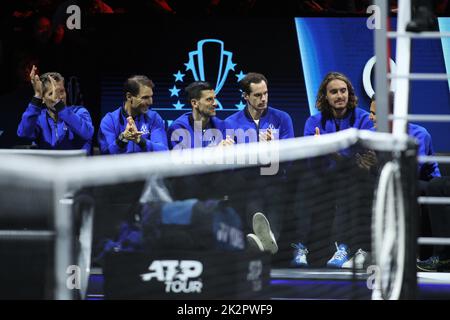 London, UK. 23rd Sep, 2022. Team Europe celebrate during the ATP Laver Cup 2022 at the o2 Arena, London, England on 23 September 2022. Photo by Joshua Smith. Editorial use only, license required for commercial use. No use in betting, games or a single club/league/player publications. Credit: UK Sports Pics Ltd/Alamy Live News Stock Photo