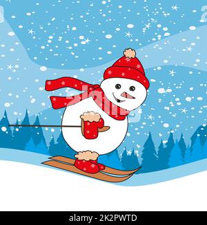 Christmas cartoon character, skiing snowman Stock Photo