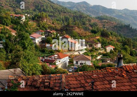 View over Agros village and the Troodos mountain range. Limassol District, Cyprus Stock Photo