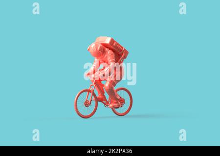 Astronaut on a bicycle. Minimalistic concept. 3D illustration Stock Photo