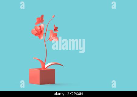 Abstract minimalistic pink flower in a pot over teal background. 3D illustration Stock Photo