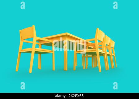 Minimalistic yellow dining table and set of chairs over teal background. 3D illustration Stock Photo