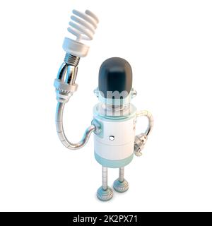 Robot with energy saving light bulb. 3D illustration. Isolated on white background Stock Photo