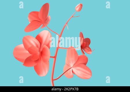 Close-up of abstract minimalistic pink flower over teal background. 3D Rendering Stock Photo