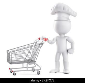 Chef with shopping cart. 3D illustration. Isolated Stock Photo
