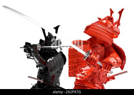 Two fighting samurai. Isolated over white background. 3D Rendering Stock Photo
