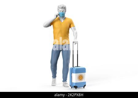 Man wearing face mask pulls a suitcase textured with flag of Argentina. 3D illustration