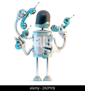 Robot with phone tubes. Telecommunication concept. 3D illustration. Isolated Stock Photo