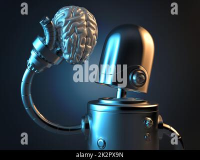 Robot holds a human brain in his hand. 3D illustration. Stock Photo