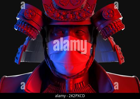 Close-up portrait of Samurai wearing medical protective mask. 3D illustration Stock Photo