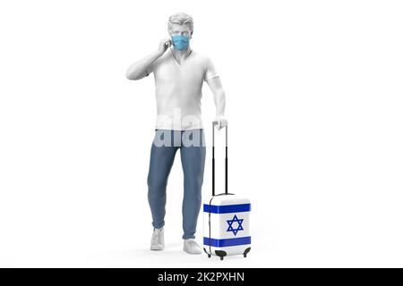 Man wearing face mask pulls a suitcase textured with flag of Israel. 3D illustration