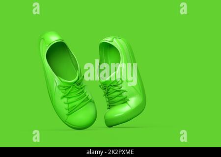 Pair of green sport shoes on green background. 3D illustration Stock Photo