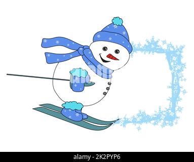 Christmas cartoon character frame - skiing snowman Stock Photo