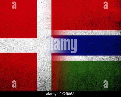 the Kingdom of Denmark National flag with The Republic of The Gambia National flag. Grunge Background Stock Photo