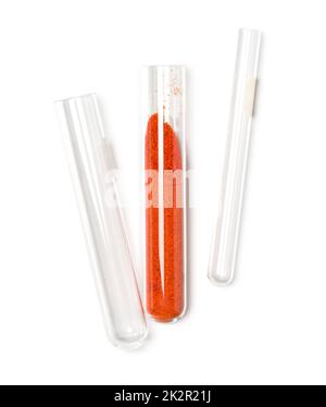 Potassium Ferricyanide in test tube. Closeup chemical ingredient on white laboratory table. Stock Photo