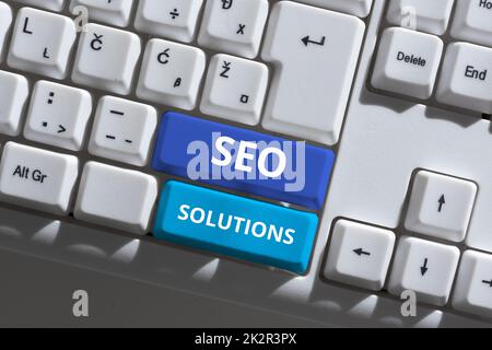Conceptual display Seo Solutions. Word Written on Search Engine Result Page Increase Visitors by Rankings Stock Photo