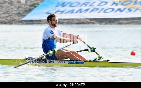 Racice, Czech Republic. 22nd Sep, 2022. Stefanos Ntuskos of Greece competing on Men's sculls semifinal during Day 6 of the 2022 World Rowing Championships at the Labe Arena Racice on September 23, 2022 in Racice, Czech Republic. Credit: Ondrej Hajek/CTK Photo/Alamy Live News