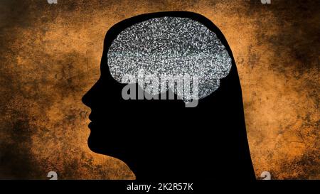 Girl sihlouette with tv static noise in brain Stock Photo