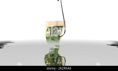 Dollar on fish hook  reflecting in water Stock Photo