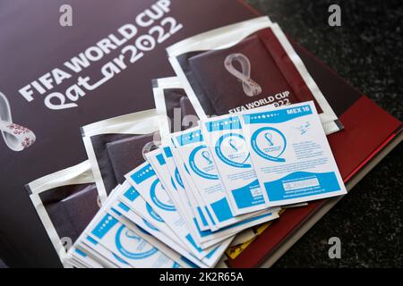 Minas Gerais, Brazil - September 07, 2022: Selective focus of stickers and Panini 2022 FIFA World Cup Qatar Official licensed sticker album Stock Photo