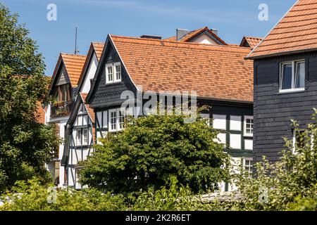 Old half-timered houses in historic town district Weidenhausen of Marburg, Hesse, Germany Stock Photo