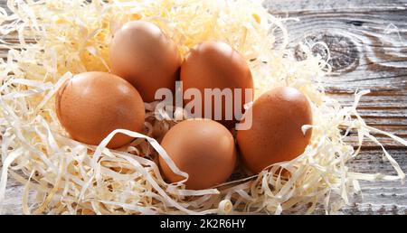 Composition with five chicken eggs on wood Stock Photo
