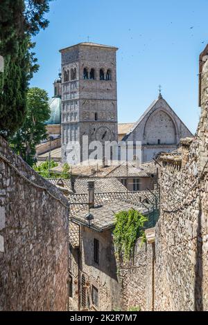 Assisi village in Umbria region, Italy. The town is famous for the most important Italian Basilica dedicated to St. Francis - San Francesco. Stock Photo