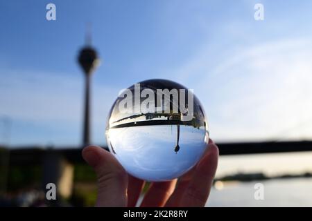 dÃ¼sseldorf tv tower and state parliament photographed with lensball, germany Stock Photo