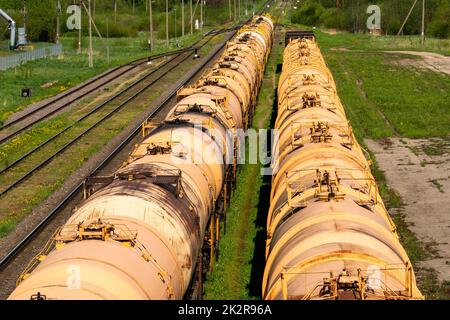 Set of tanks with oil and fuel transport by rail Stock Photo