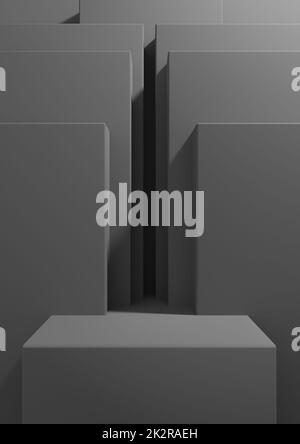 Dark graphite gray, black and white 3D rendering simple, minimal, geometric background for product podium, stand display template for presentation backdrop or wallpaper Stock Photo