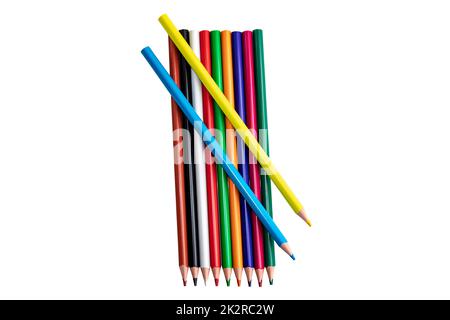 Eleven different colored wood pencils or crayons isolated on white background. Back to school and education concept. Clipping path. Stock Photo