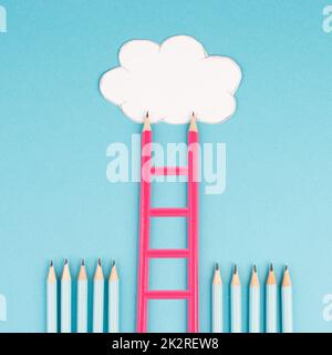 Ladder of success build with pencils, opportunity strategy, blue background, copy space for text, step by step concept, progress in business and education, have a goal Stock Photo