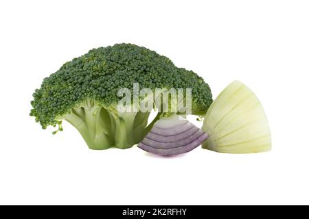 Fresh broccoli and onion on white background Stock Photo