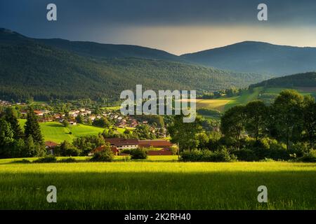 Lam, a small town in the Bavarian Forest in the Upper Palatinate after a thunderstorm. Stock Photo
