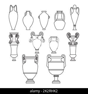 Outline set sketch of ceramic vases. Tall ancient Greek, Roman jar with two handles and a narrow neck. Line art vintage ceramic amphora, pottery, cups isolated on white background vector illustration Stock Photo