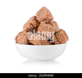 Raw of brown sugar cubes isolated on white background Stock Photo