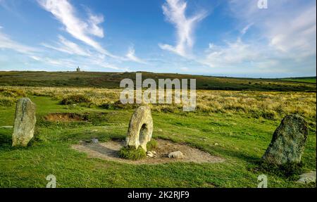 Men-an-Tol known as Men an Toll or Crick Stone - small formation of standing stones in Cornwall, United Kingdom Stock Photo